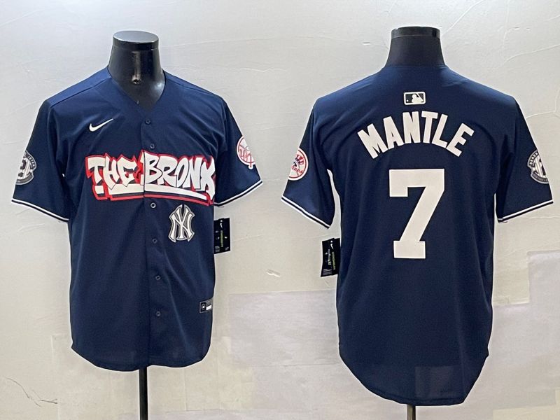Men New York Yankees 7 Mantle Drak Blue four generations Joint Name 2025 Nike MLB Jersey style 7